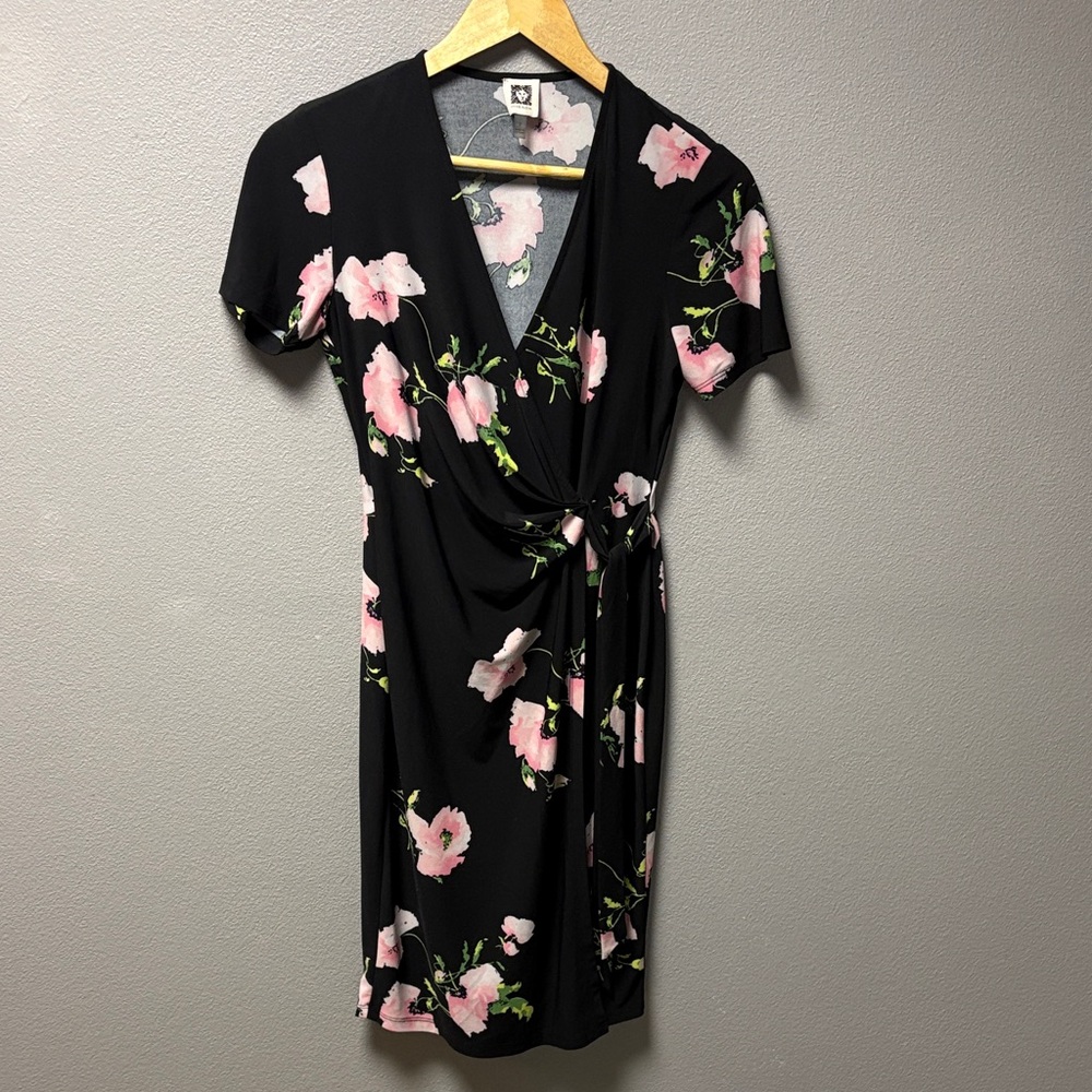 Anne Klein Black Dress with Pink Floral Design